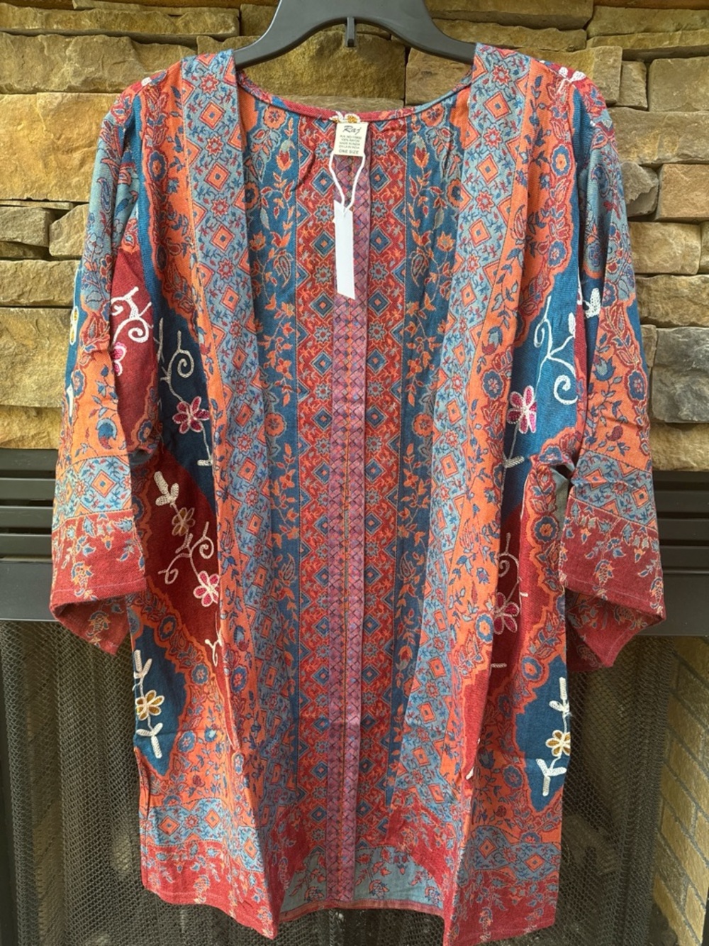 Raj Rust Red Teal Blue Embroidered Floral Kimono oversized relaxed lightweight - Picture 2 of 8